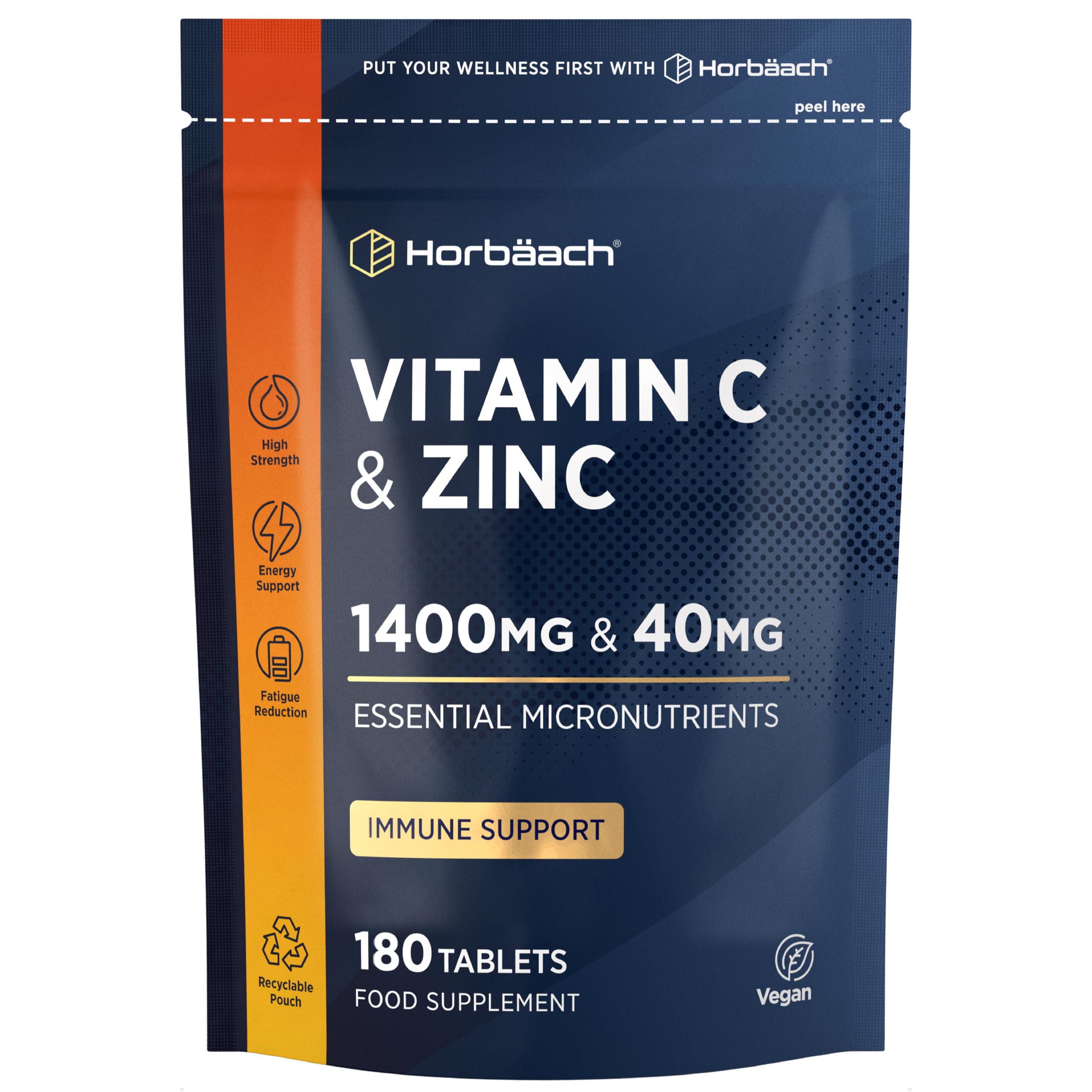 Vitamin C 1400mg and Zinc 40mg Tablets | 180 Count | High Strength Complex with Vitamin C as Ascorbic Acid | Immune Support | Suitable for Vegans | By Horbaach