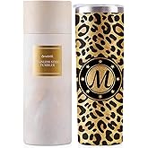 Onebttl Personalized Leopard Cup with Initial - Unique Gifts for Women Who Have Everything on Birthday, Christmas - 20 oz Double-Wall Vacuum Tumbler with Lid and Straw - Golden Glitter - Letter M