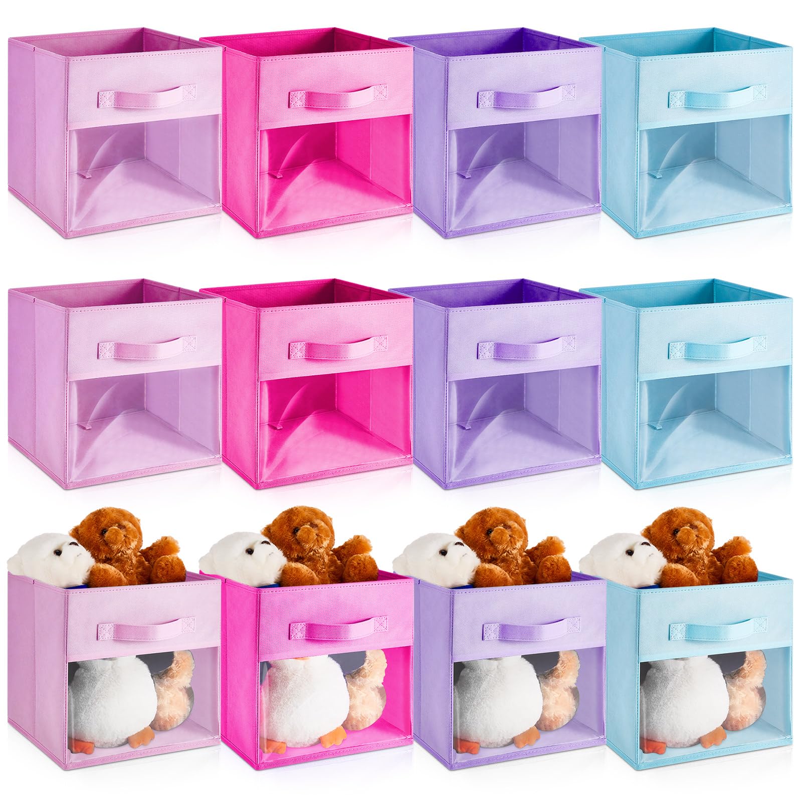 Photo 1 of Marsui 12 Pcs Clear Storage Bins Collapsible Cube Fabric Classroom Storage Organizer Bin with Window for Kid Room Daycare Nursery Playroom(Blue, Purple, Rose, Pink,Solid)