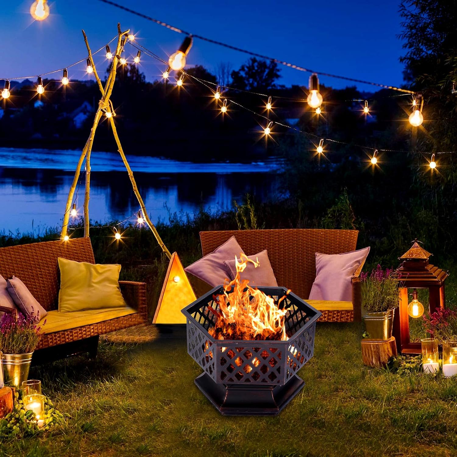 Amazon Com Segmart 24 6 Fire Pit Outdoor Wood Burning Fire Pit With Poker And Spark Screen Cover 2 In 1 Hexagon Fire Pit For Heating Bbq Ideal For Camping Picnic Bonfire Patio Backyard Garden Garden