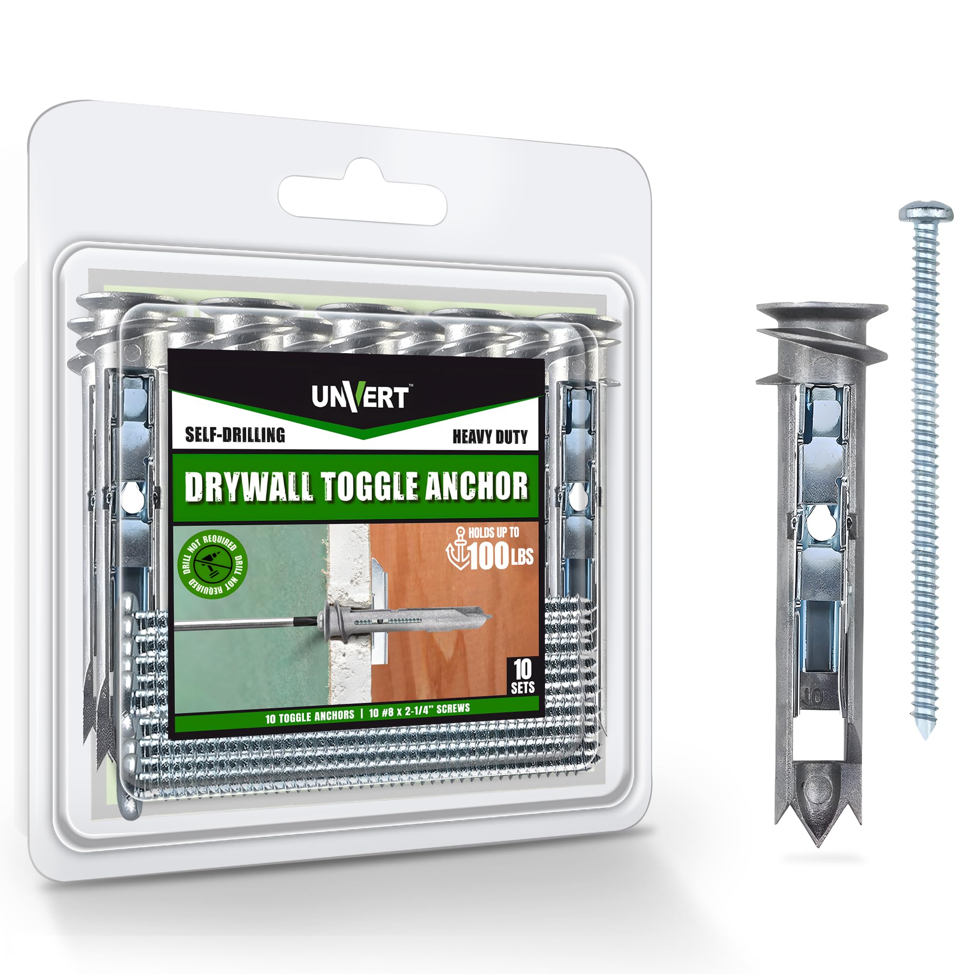 Self-Drilling E-z Anchor Toggle Kit, Heavy Duty Drywall Toggle Ancor with Fitting Metal Zinc Phillip Screws #8 x 2-1/4 - Holds Up to 100 Lb. (10 Pack)