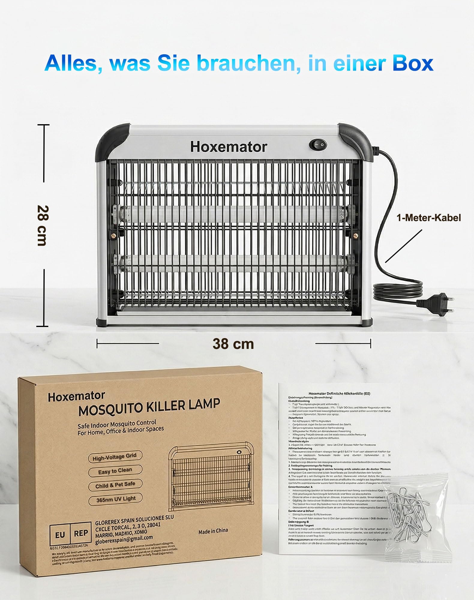 Hoxemator Elektrischer Insektenvernichter 20W Mückenlampe mit Dual 365nm UV Licht & 2000V Hochspannungs-Gitter, Fliegenfalle Elektrisch Chemiefrei, Hängend oder Tischgerät für Haus, Küche, Garage 7