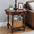 MODERION Solid Wood End Table with Tempered Glass, Oval Sofa Side Table with Storage Shelf, Carvings Side Elegant Vintage, Easy Assembly, for Living Room Walnut CJZ1533GT