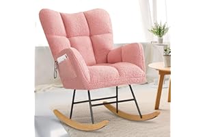 Candockway Rocking Chair for Nursery, Teddy Upholstered Glider Rocking Chairs with High Backrest, Glider Recliner Nursery Chair with Pocket for Bedroom Living Room Offices, Pink