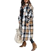 UANEO Plaid Coat Women Button Down Long Plaid Jacket Fall Flannel Trench Coat
