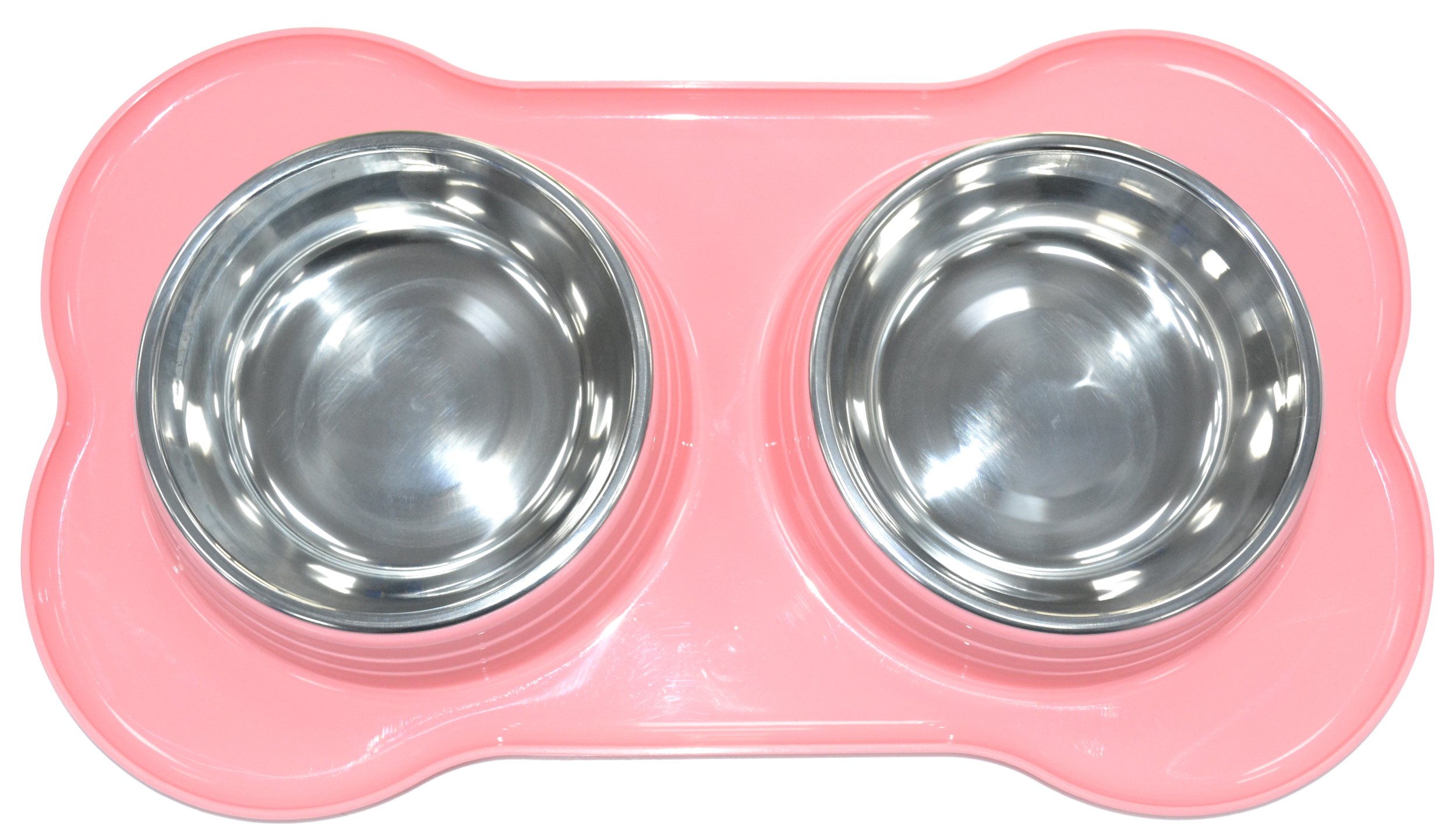 DOUBLE PET FEEDING STAINLESS STEEL BOWL WITH DOUBLE PLASTIC PET FEEDER DOG/CAT/ANY SMALL ANIMAL FOOD/WATER DISH (Pink)