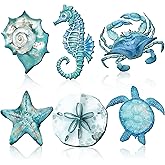 Tandefio 6 Pcs Coastal Wall Decor Ocean Beach Metal Wall Art Sea Life Turtle Seahorse Crab Shell Conch Bathroom Hanging Decor for Nautical Theme Home Living Room Bedroom Outdoor Decorations
