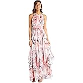 R&M Richards Women's Floral Chiffon Maxi Dress - Sleeveless Halter Neck & Hankie Hem Flowy Daytime Spring Summer Wear