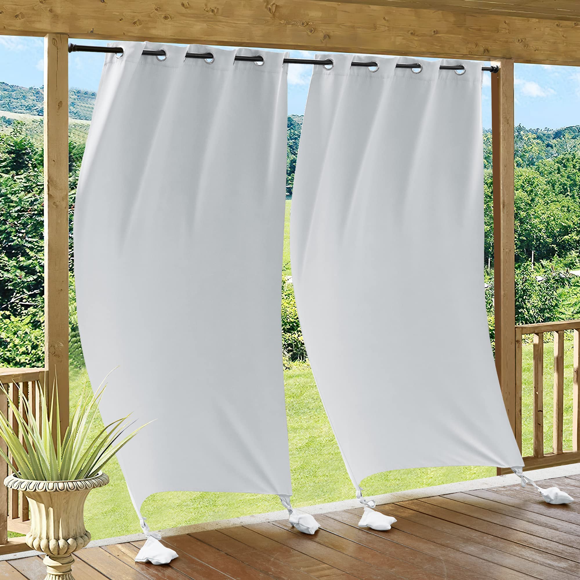 PONY DANCE Windproof Outdoor Curtains with Rings - Sun Awnings for Balconies with Weighted Bags Waterproof Gazebo Tent Thermal Insulated Curtains, 2 Pieces 132x213 CM, Grey White