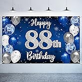 Nelbiirth Happy 88th Birthday Decorations,88th Blue & Silver Balloon Large Birthday Banner Backdrop Sign,Cheers to 88 Years Old Bday Party Supplies.