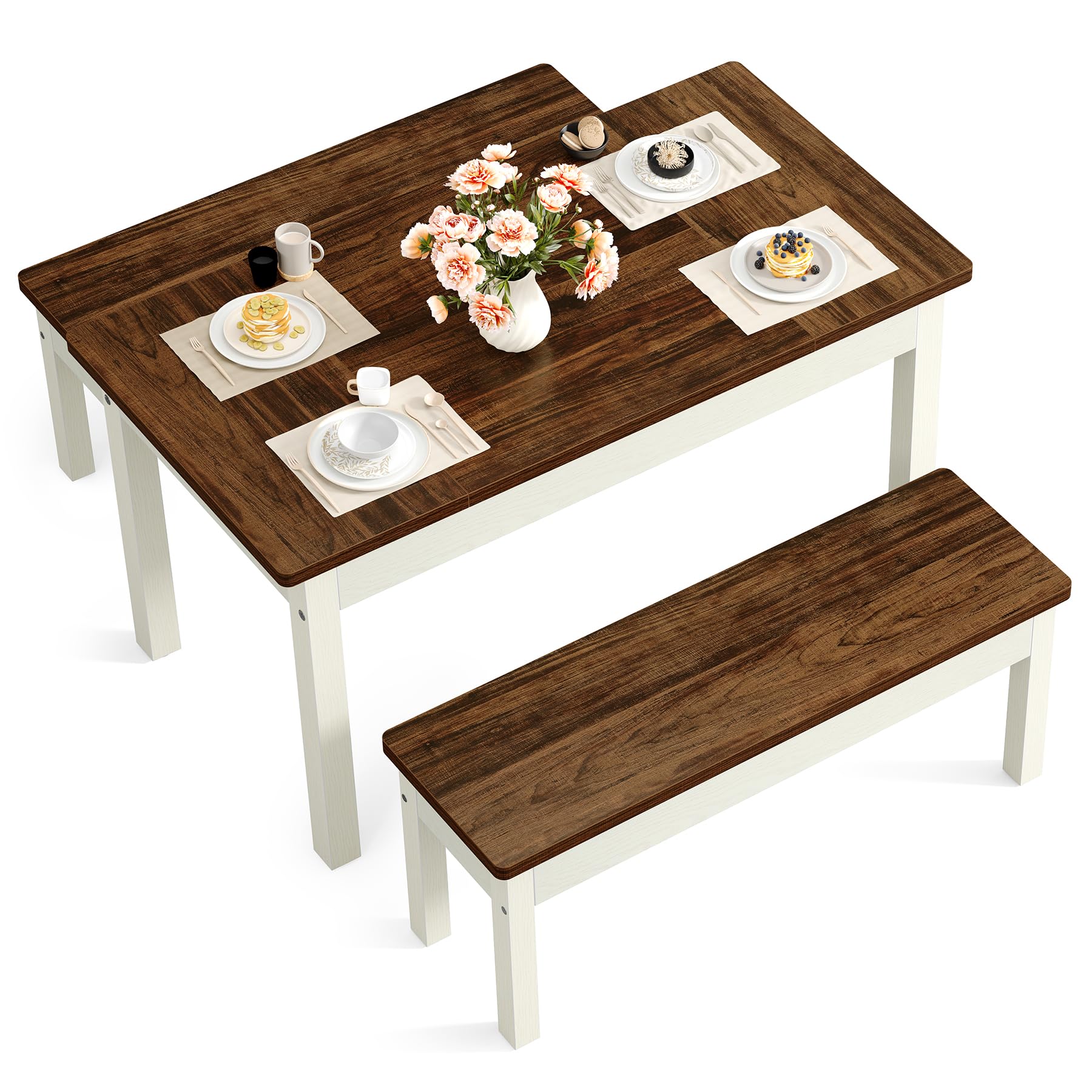 Photo 1 of ***SOLD AS IS***LITTLE TREE Dining Table Set for 4, Small Space Saving Farmhouse Kitchen Chairs, Compact 3-Piece Kitchen and Dining Room Furniture with 2 Wood Benches