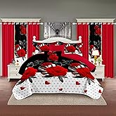 Reylox 9 pcs Queen Bed in a Bag with Curtains | Boho Red Rose Bedspread, Pillowcases, Print & Solid Curtains | Microfiber, Silky Soft | Comforter Sets with Matching Curtains | Bedroom & RV Decor