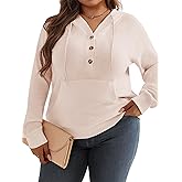 TAKEYAL Plus Size Hoodies for Women Waffle Knit Long Sleeve Drawstring Button V Neck Casual Pullover Sweatshirt