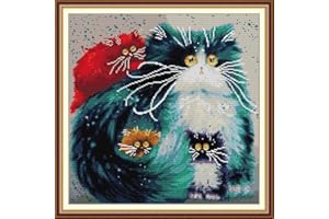 Funcrostitch Counted Cross Stitch Kits for Beginners,14CT Unprinted Pattern Embroidery Kit DMC Cotton Threads Needleworks for Adults-Colorful cat 15.7"X15.7"