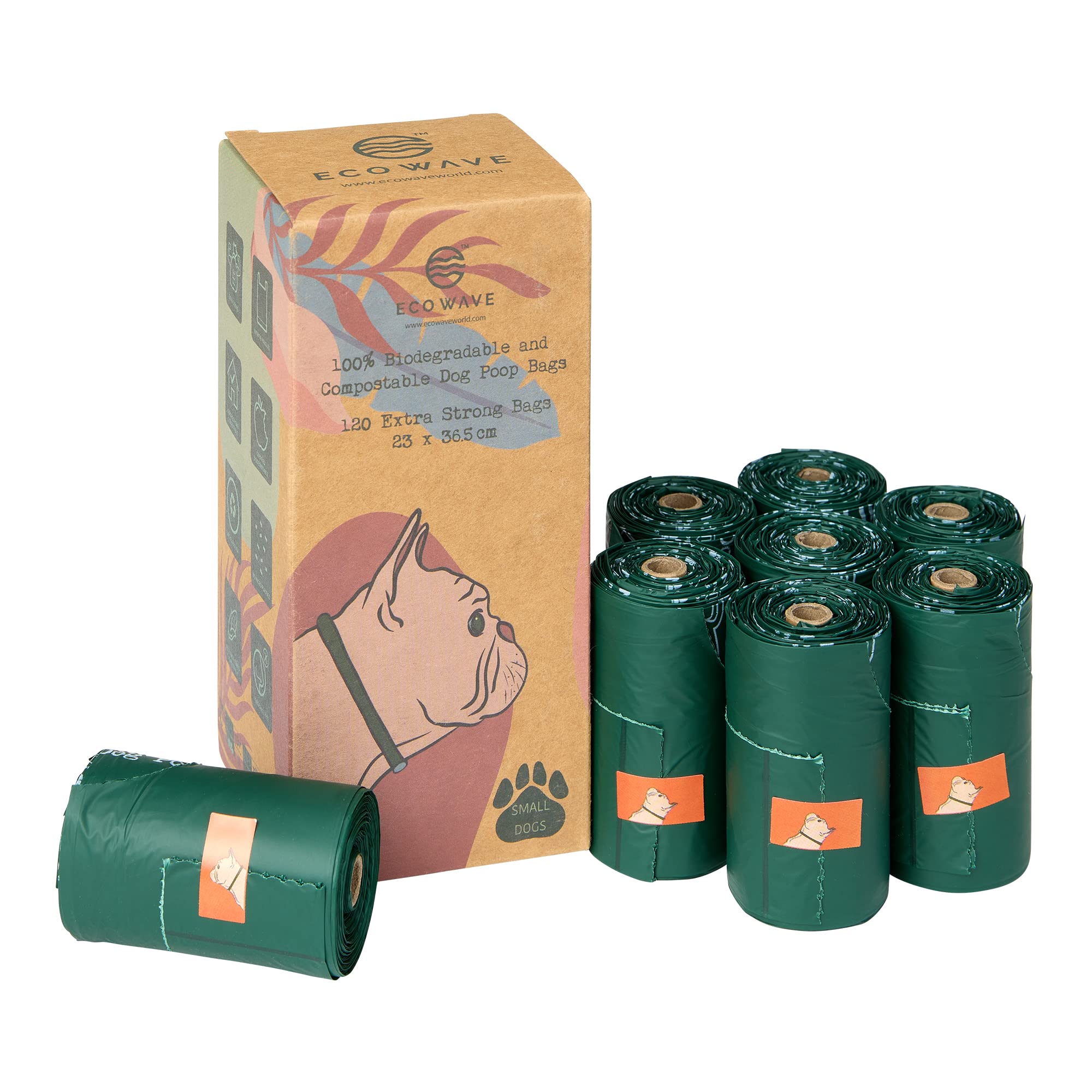 ECO WAVE Compostable Leak-Proof Dog Poop Bags For Small Dogs, Thick and Strong, 120 Fragrance Free Bags, EN 13432 Certified