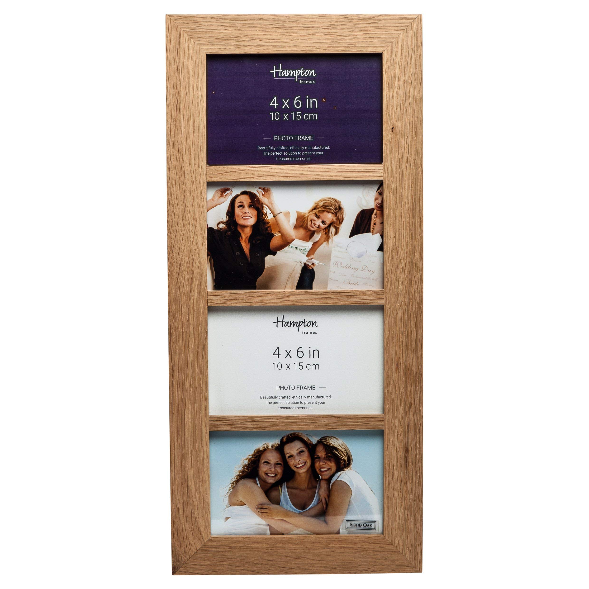 Hampton Frames | Multi Aperture Photo Frame 4x6 (10x15cm), Natural Oak, Non Glass | Wall Mount, Landscape or Portrait, Swivel Clips | Display Four Photos in Wooden Style