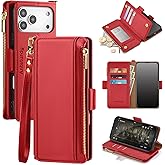 Antsturdy Compatible with iPhone 17 Pro Wallet Case Women,RFID Blocking PU Leather Phone Case Men Kickstand Flip Cover Wrist Strap Zipper Credit Card Holder Slots for Apple 17 Pro 6.3",Red