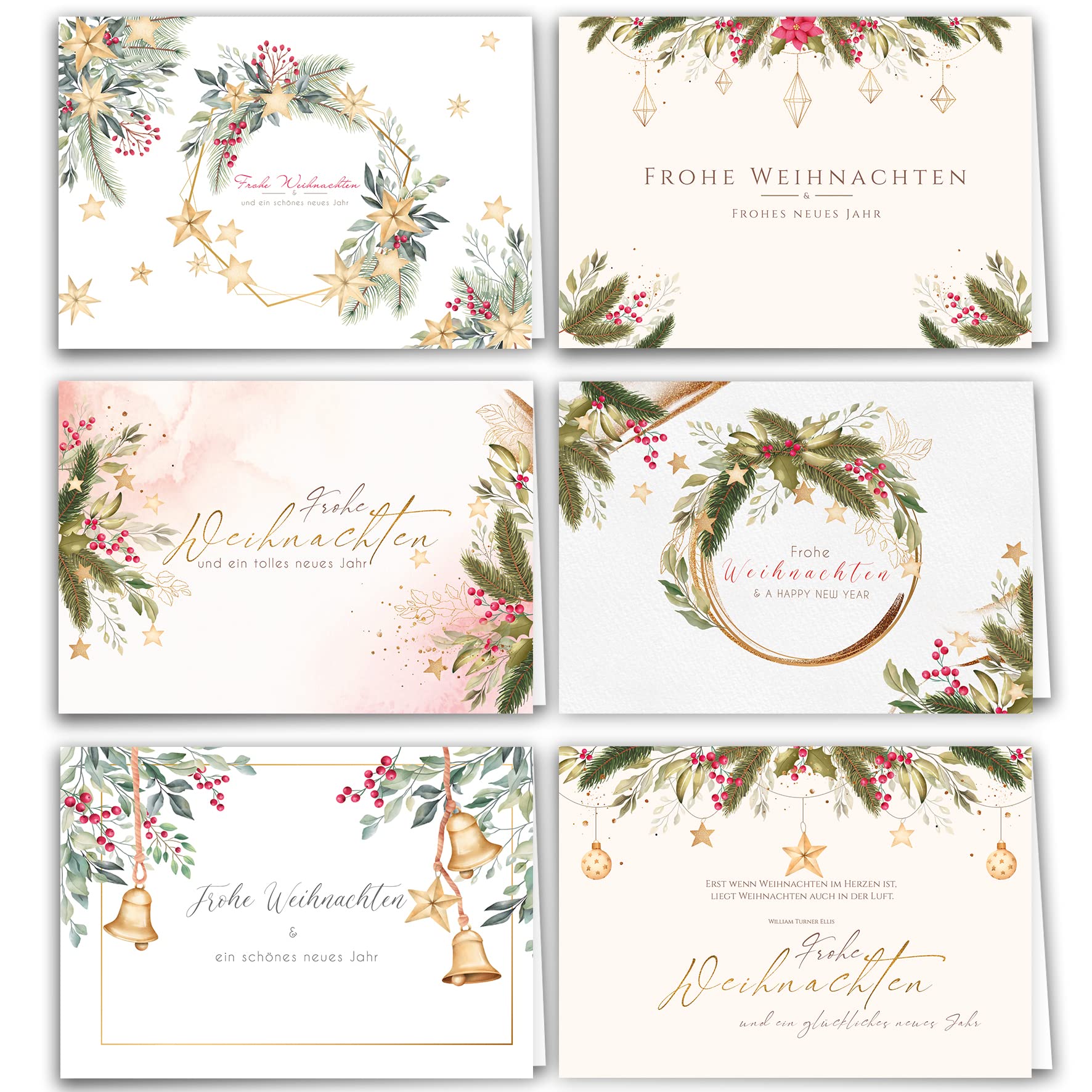 Set of 12 Folding Christmas Cards with Envelopes Card Envelopes Shiny Merry Christmas Xmas Green Drawn Watercolour Modern Delicate Gift