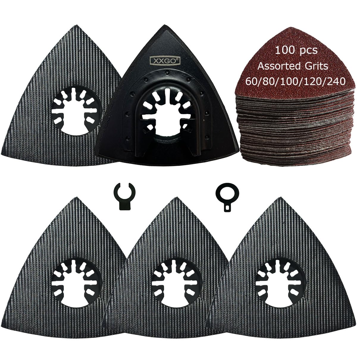 XXGO 105 Pcs Triangular 3-1/8 Inch 80mm 60 80 100 120 240 Grits Multitool Sanding Pads Kits Include 100 Pcs Triangle Sandpaper and 5 Pcs Triangle Sanding Pads XG105TU