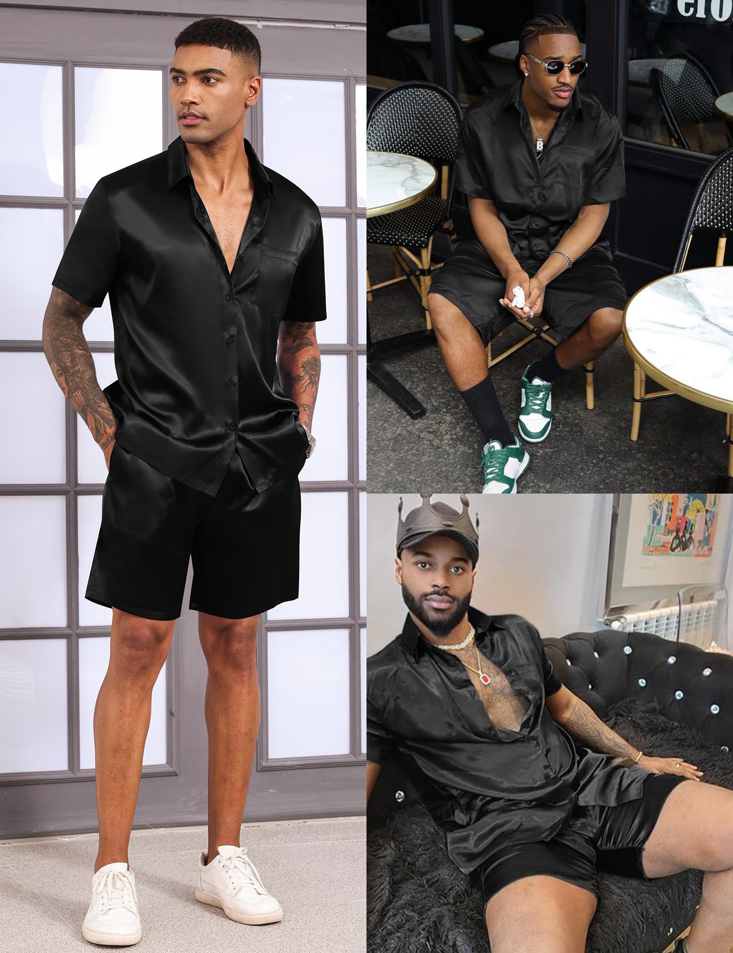 LecGee Men's Satin 2 Piece Outfits Lapel Shirt and Shorts Short Sleeve Button Down Tracksuit Luxury Set Prom Club Party