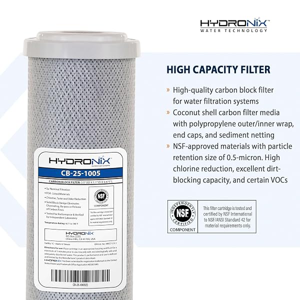 HYDRONIX CB‑25‑1005 WHOLE HOUSE COCONUT CARBON BLOCK WATER FILTER – 5-MICRON REPLACEMENT CARTRIDGE FOR RO & DRINKING WATER SYSTEMS | STANDARD 2.5 X 10 INCH FILTER HOUSINGS (4 PACK)