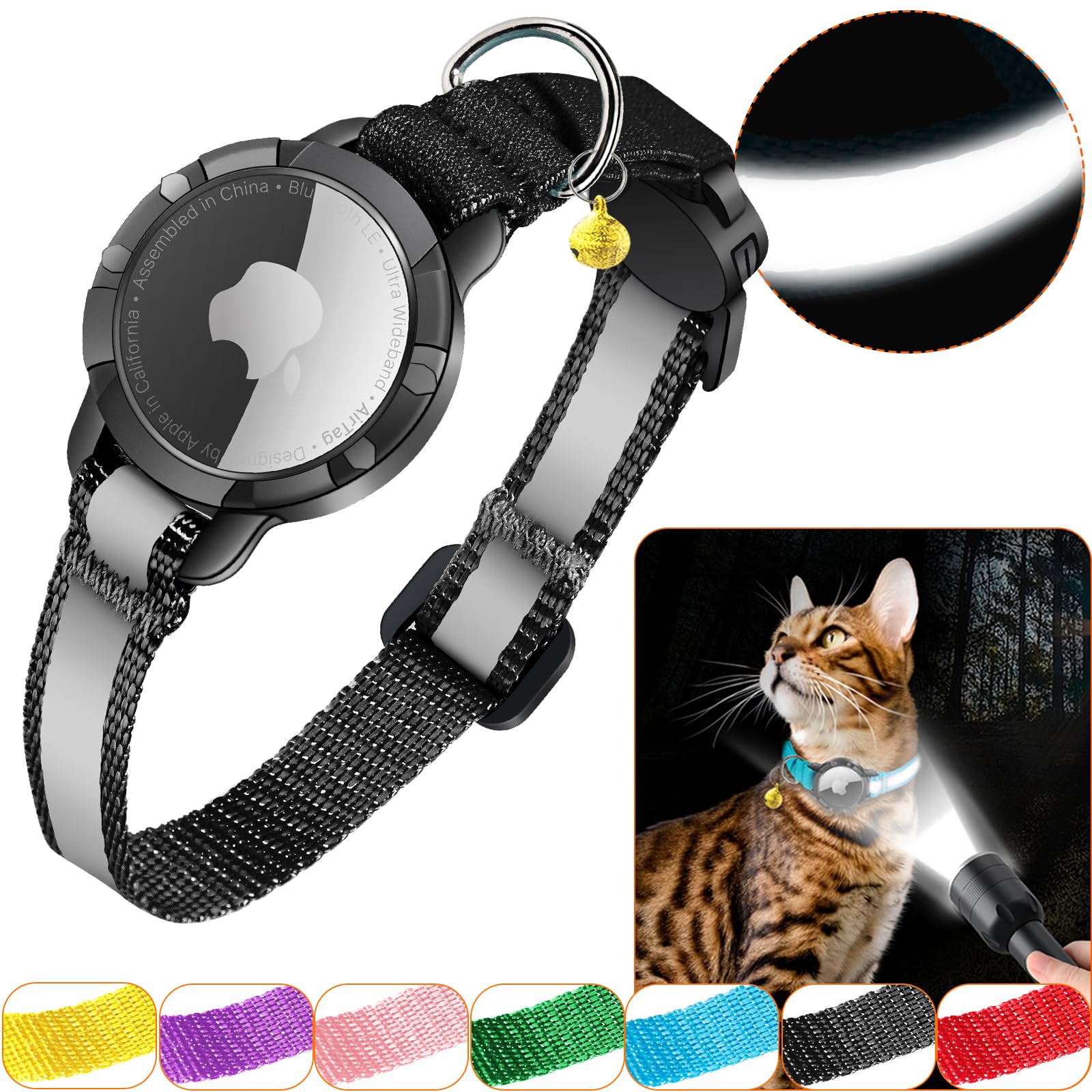 Cat Collar - Reflective AirTag Cat Collar with Bell,Domiphie Cat Collar Airtag with Waterproof AirTag Holder,Cat Tracker GPS Collar for Small Pets Kittens Puppies, (Black XS) — image 1