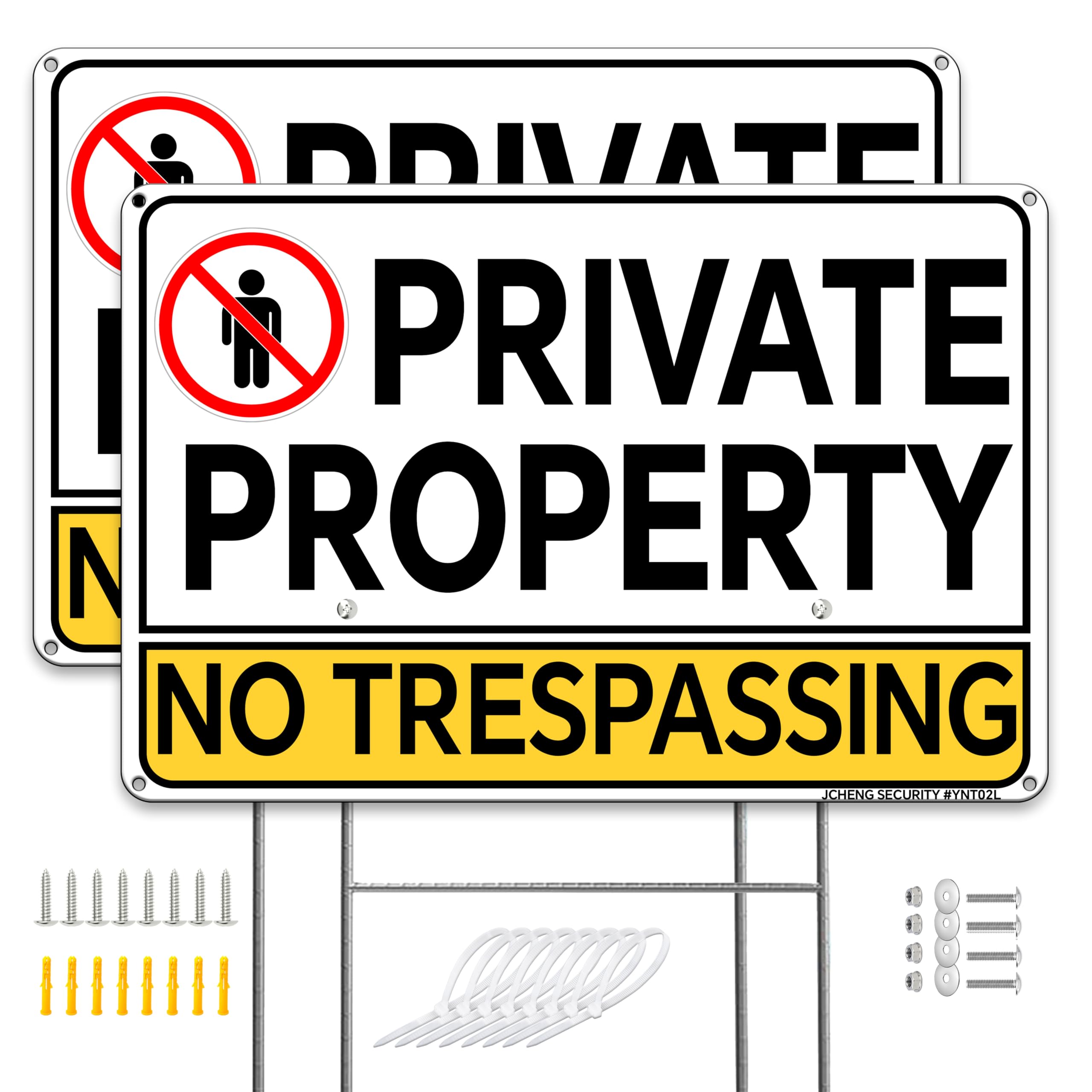 JCHENG SECURITY Aluminium No Trespassing Sign 2pcs 8x12 Inch Yellow Minimalist Sign with Mounting Hardware and Metal Stake for Home Farm Yard Security Warning