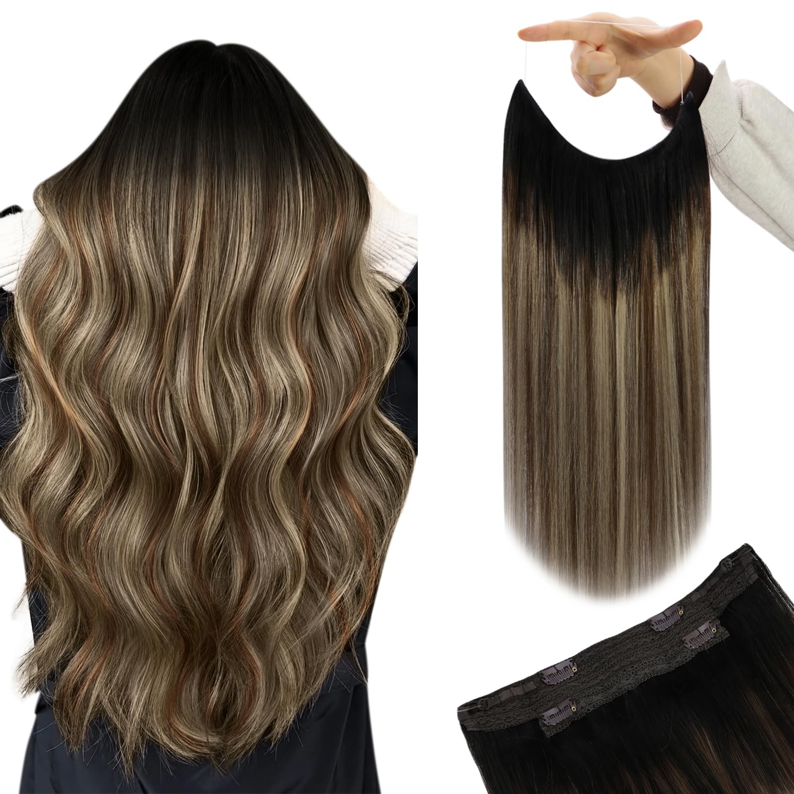 YoungSee Wire Hair Extensions Brown 16inch 80g Wire Real Human Hair Extensions Black to Dark Brown with Blonde Balayage Invisible Real Human Hair Extensions Wire for Wedding One Piece — image 1