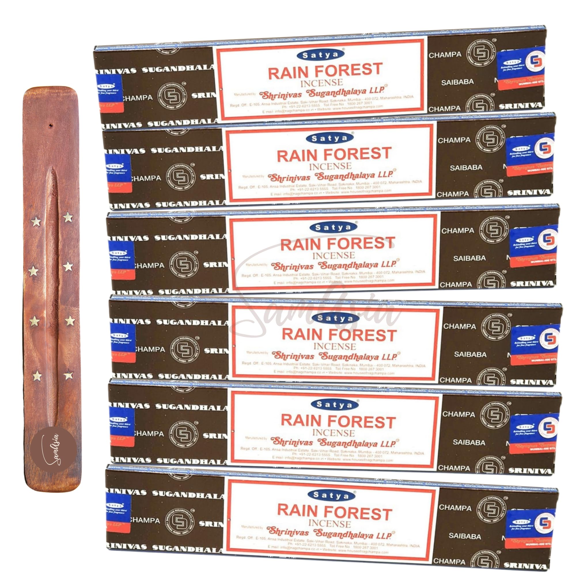 Satya Nag Champa Rain Forest Incense Sticks | x6 pack | with SAMASIA incense sticks holder | Used for Aromatherapy, Spa, Yoga, Weddings, Meditation, Healing, Positivity and Relaxation