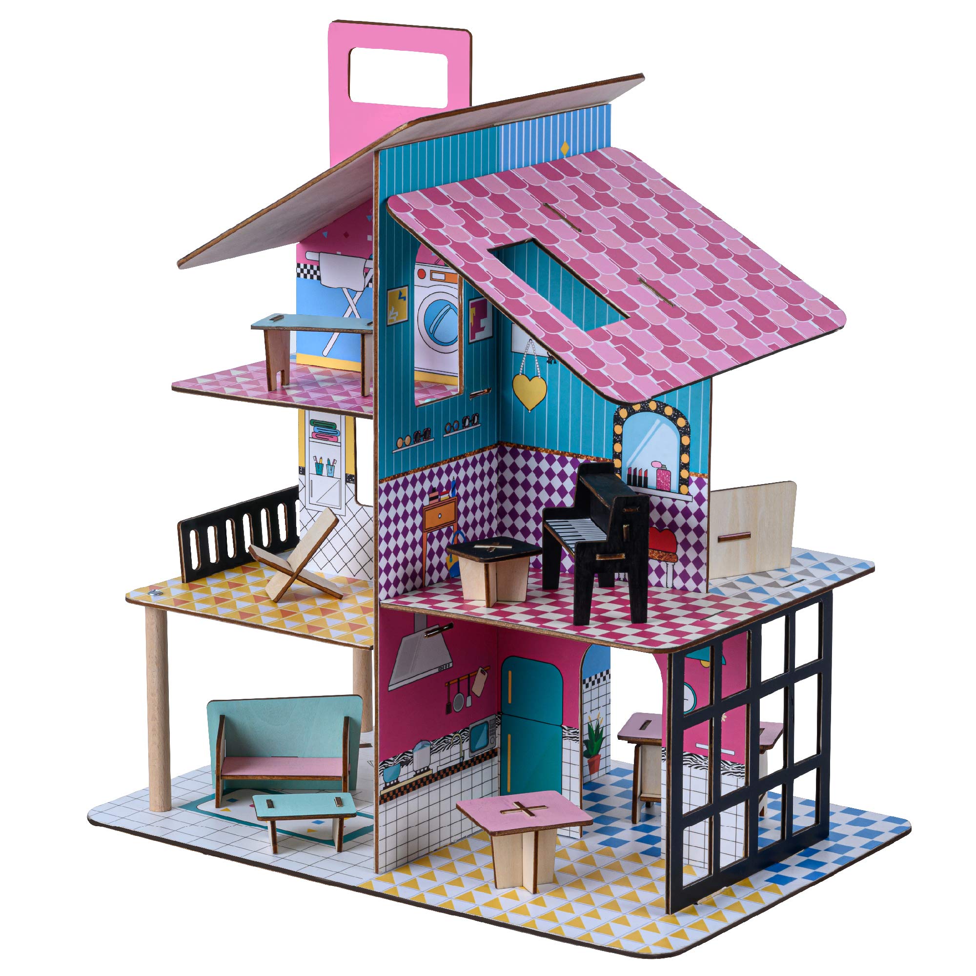 Olivia's Little World 360 Kids Wooden Doll house 3.5" Dolls & 12 Accessories Multi TD-13260C