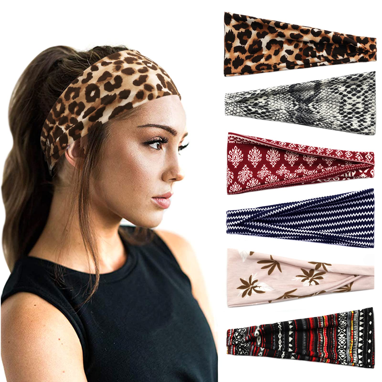 DRESHOW 6 Pack Headbands for Women Vintage Boho Head Wrap Elastic Hair Bands Cute Hair Accessories