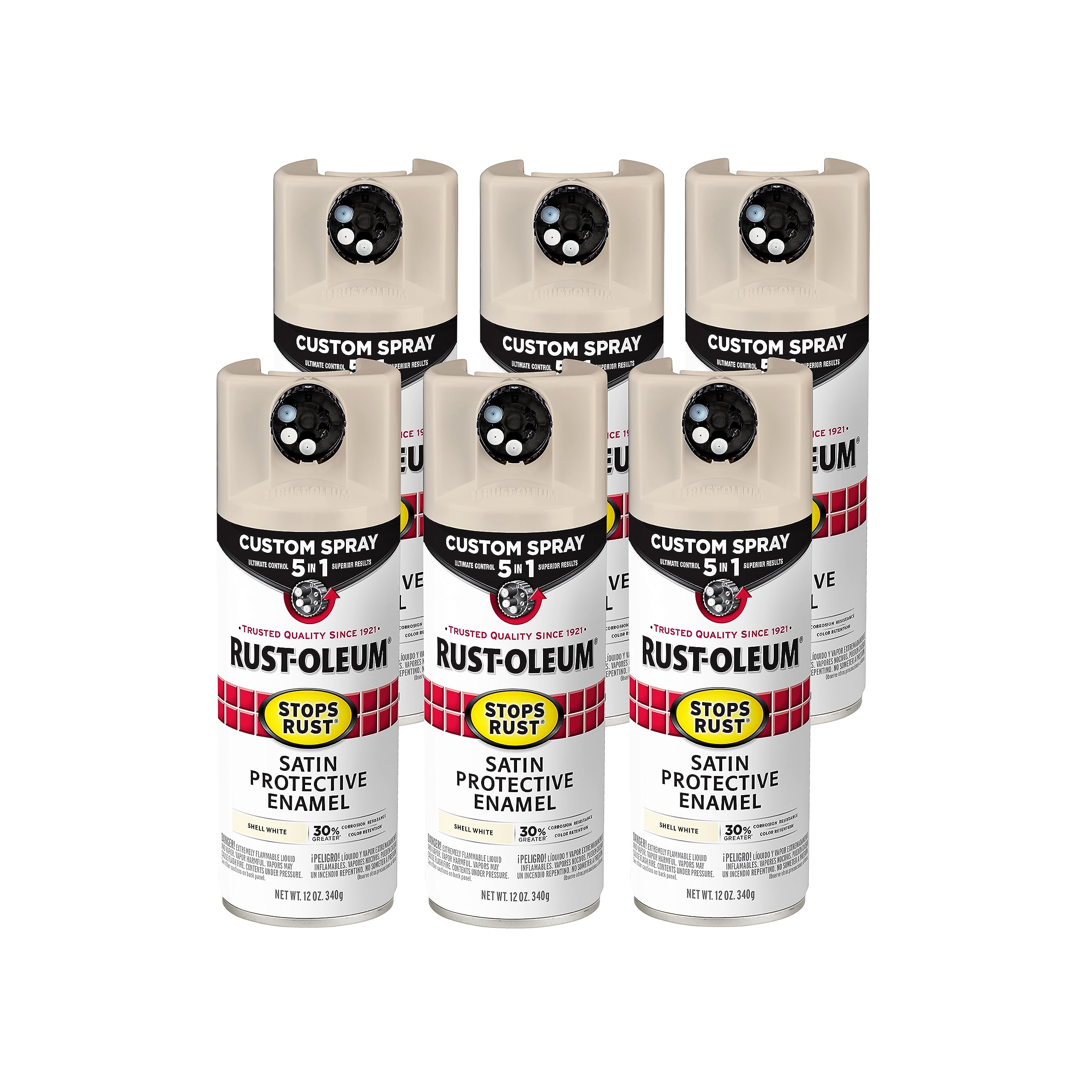 Rust-Oleum 376875-6PK Stops Rust Custom Spray 5-in-1 Spray Paint, 12 oz, Satin Shell White, (Pack of 6) Image
