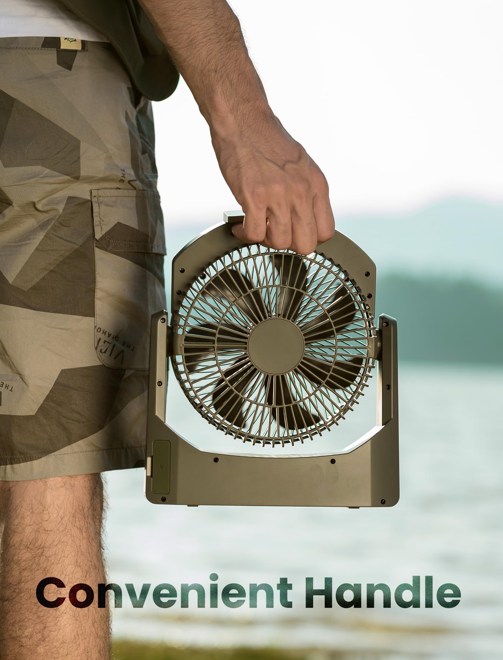 D Battery Powered Camping Fan (Batteries Not Included) with 4 Timer Modes, 8.5’’ Desk Fan with LED Lantern and SOS Light, 180° Rotation, Quiet, Handle, USB Travel Office, Adjustable Speed Knob