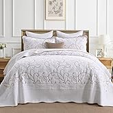 FineStichery 100% Cotton Oversized Bedspread Quilt Coverlet Set, 120"x120" Extra Large King Bedspreads with Pillow Shams, Lightweight Embroidered Bedding Cover 3 Piece, White/Beige