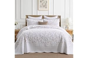 FineStichery 100% Cotton Oversized Bedspread Quilt Coverlet Set, 120"x120" Extra Large King Bedspreads with Pillow Shams, Lightweight Embroidered Bedding Cover 3 Piece, White/Beige