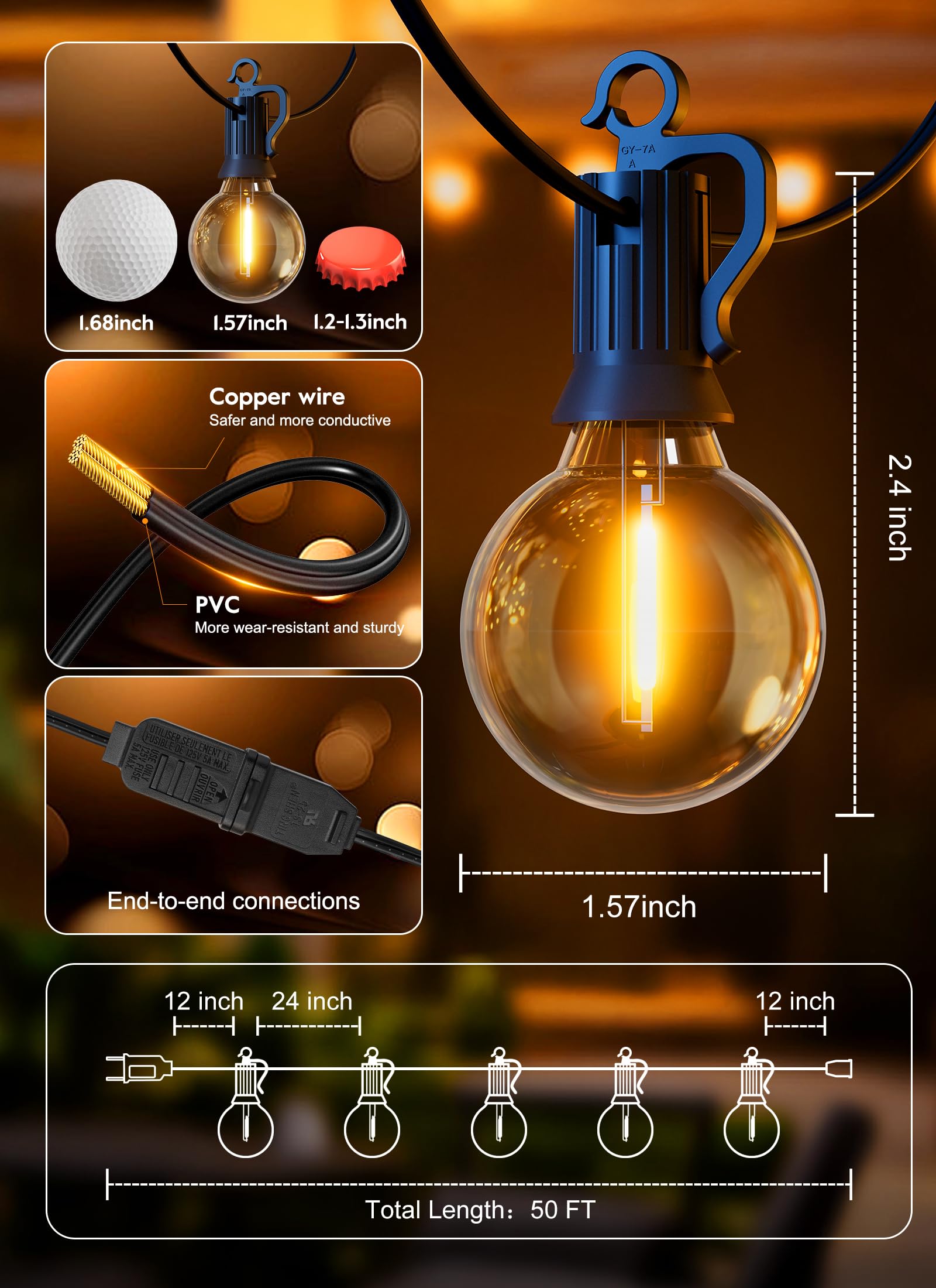 Brightown Outdoor String Lights, 50FT 25 G40 Bulbs Shatterproof Patio Lights, IP65 Waterproof Dimmable Hanging Connectable Globe LED Outdoor Lights for Backyard, Bistro, Porch, Deck, Balcony