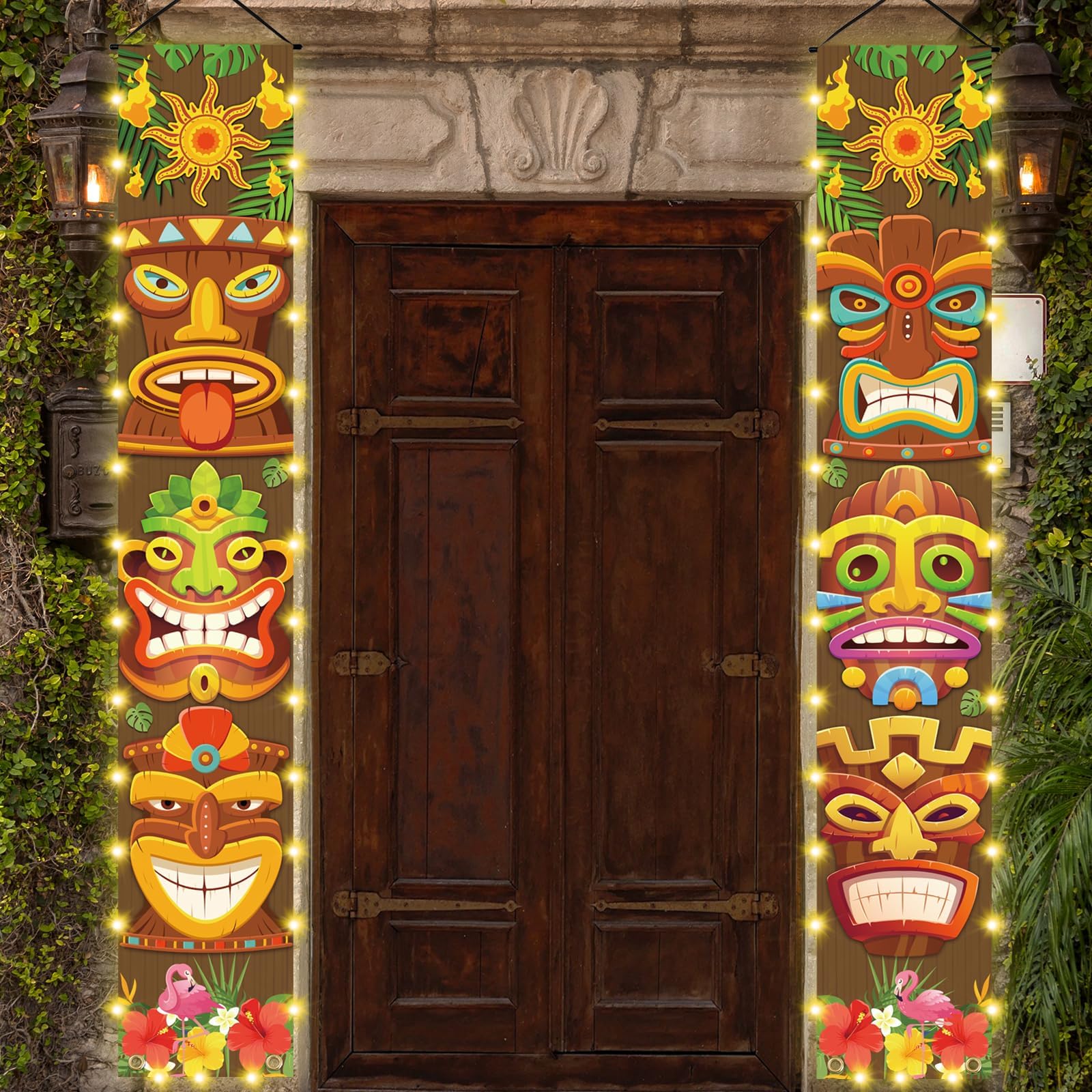 Photo 1 of Hawaiian Luau Party Decorations, Tiki Party Decorations, Lighted Tiki Banner Door Porch Sign for Aloha Moana Hawaii Luau Party Tropical Birthday Tiki Party Supplies Door Wall Hanging Supplies