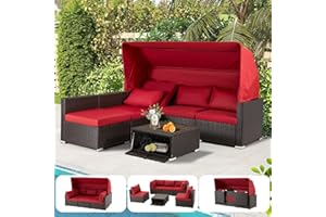 HOMREST 6 Pieces Patio Furniture Sets, Rattan Daybed with Retractable Canopy, Outdoor Sectional Sofa Set with Adjustable Backrest, Chaise Chair Sunbed for Garden Poolside Backyard (Wine Red)