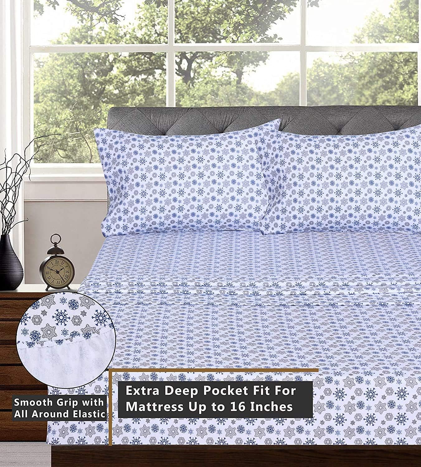 Ruvanti 100% Cotton 3 Pcs Flannel Sheets Twin XL Snow Flake Print - Deep Pocket, Warm, Super Soft & Breathable Twin XL Size Flannel Bed Sheets Set Include Flat Sheet, Fitted Sheet &1 Pillow Case: Home & Kitchen