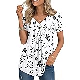 Zeagoo V Neck Short Sleeve Shirts for Women Dressy Casual Blouses Pleated Summer Tunic Tops