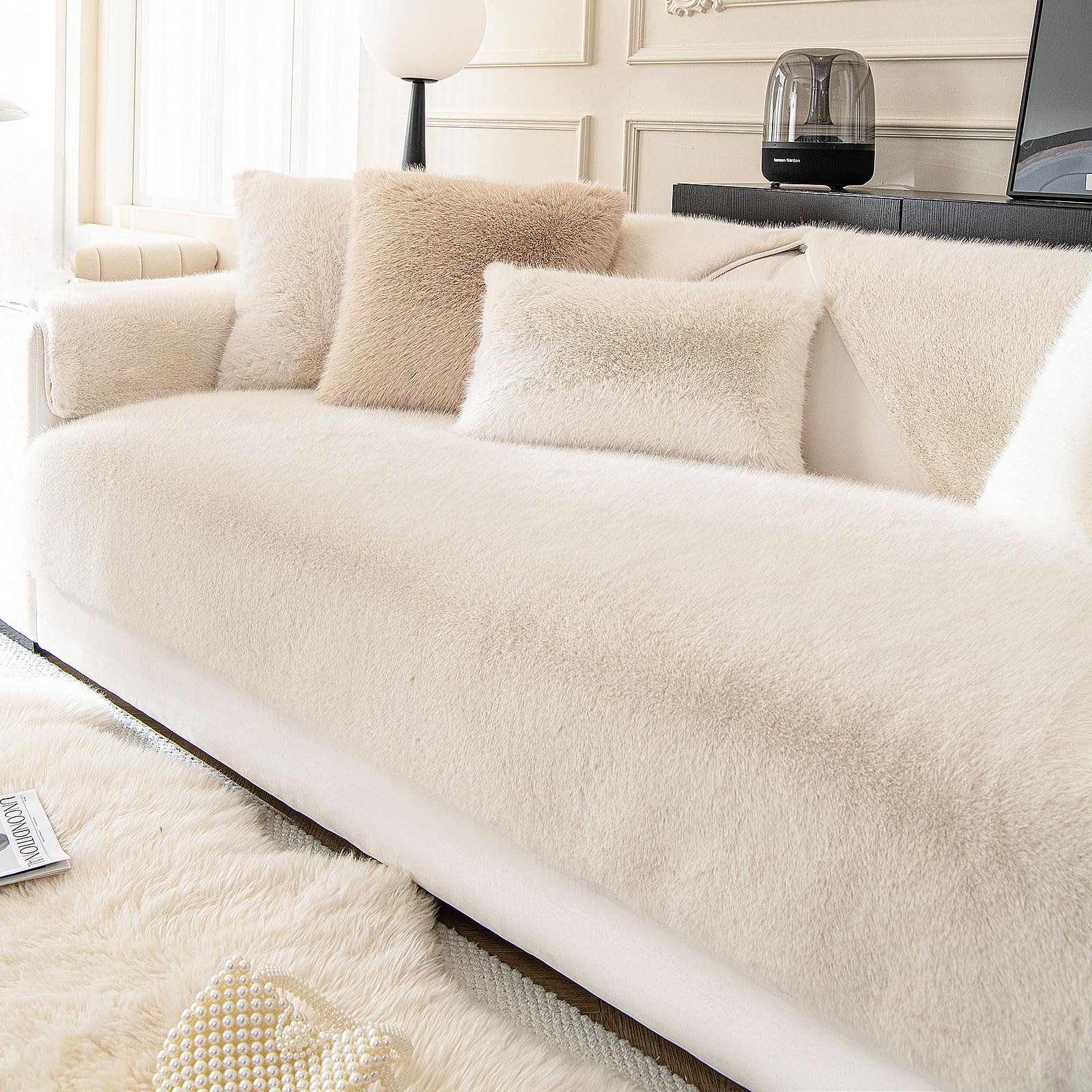 ShowyLive Soft Velvet Sofa Cover 1 2 3 4 Seater Non-Slip Couch Sofa Slipcovers Sofa Cushion Covers Sofa Protectors from Pets/Kids/Dogs (Beige, 35 * 63 inch)