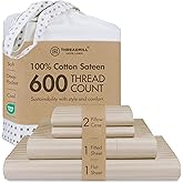 Threadmill 100% Cotton Sheets for Full Size Bed - 600 Thread Count Full Bed Sheets Set with 16” Deep Pocket - Damask Stripe Sateen Weave 4-Piece Bedding Set with Cooling Effect, Beige