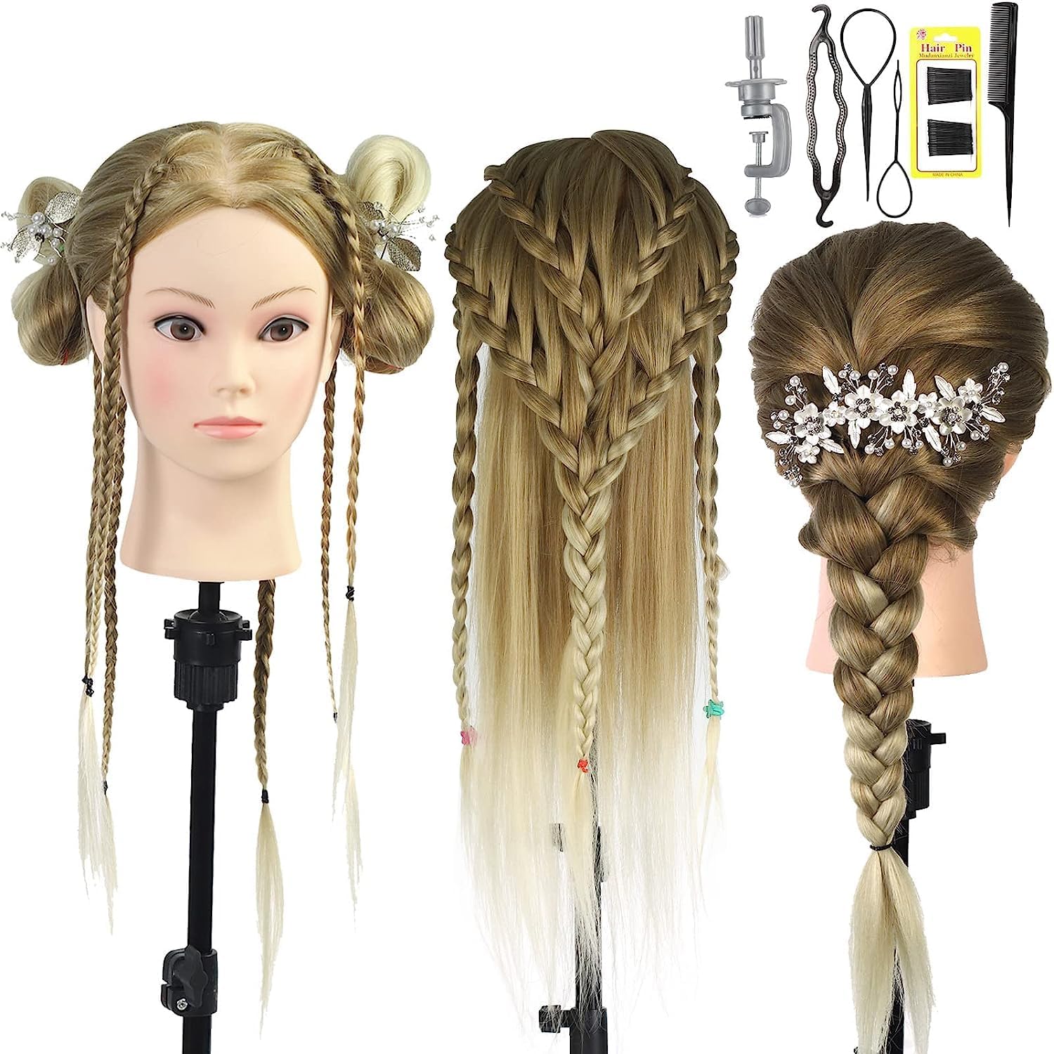 Neverland Beauty Styling Head Training Head - 26 inch Doll Head for Hairdressers, Cosmetology Mannequin Head with Eyelashes, Table Clamp Holder, Braid Set — image 1