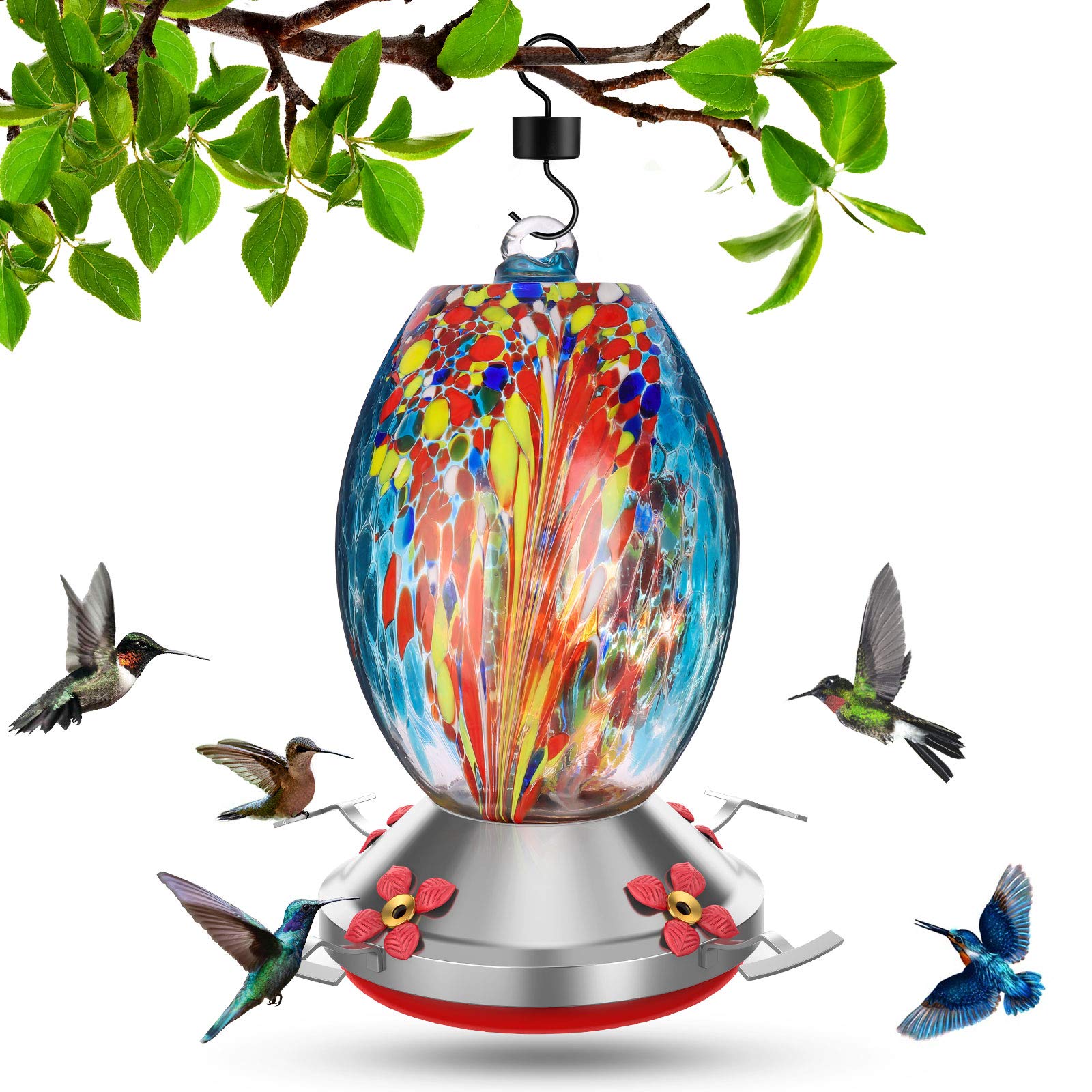 Balhvit Hummingbird Feeders for Outdoors, 32 Ounces Leak-Proof & Rust-Proof Hand Blown Glass Hummingbird Feeder, Easy to Clean & Fill Wild Bird Feeder with Hanging Hook, Ant Moat, Brush, Hemp Rope