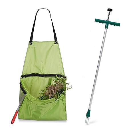 2 teiliges Gartenarbeits Set, Unkrautstecher, ergonomischer Unkrautzieher, Ernteschürze für Gartenabfälle, Gartenschürze