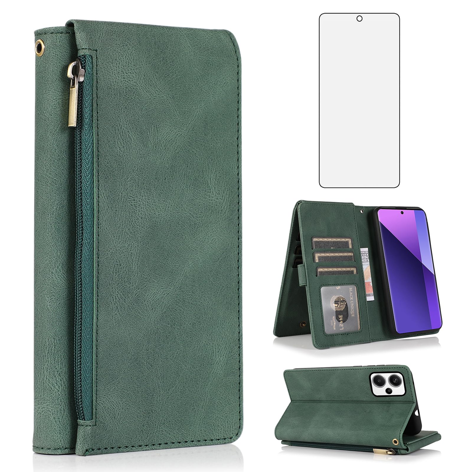 Asuwish Compatible with Xiaomi Redmi Note 13 Pro Plus 5G (Pro+) Wallet Case Tempered Glass Screen Protector Zipper Retro Leather Flip Cover Card Holder Stand Cell Accessories for Pro+ Women Men Green