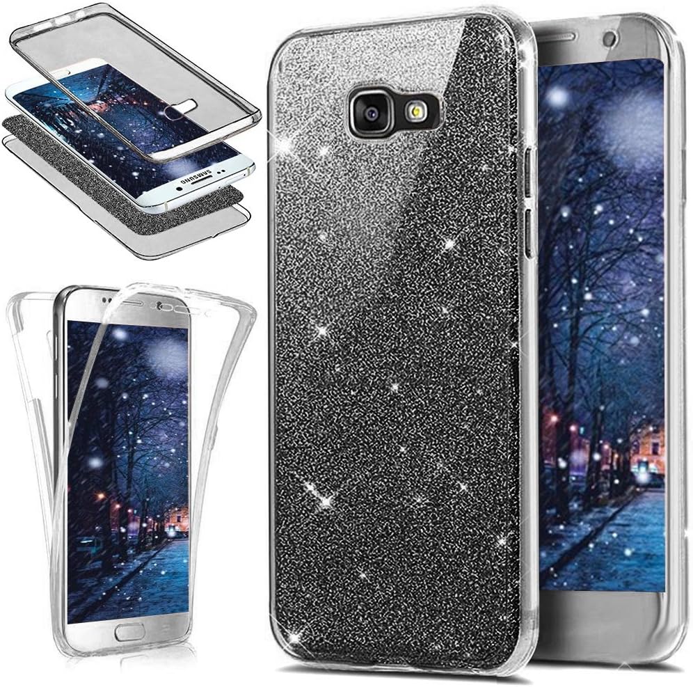 Galaxy J5 Prime Case, [Full-Body 360 Coverage Protective] Crystal Clear 2in1 Sparkly Shiny Bling Glitter Front Back Full Coverage Soft Clear TPU Silicone Rubber Case for Galaxy J5 Prime,Black