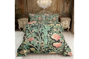 William Morris Comforter Queen Size, Art Nouveau Botanical Vintage Floral Reversible Bedding Set 3 Piece, 2 Pillowcases, Will