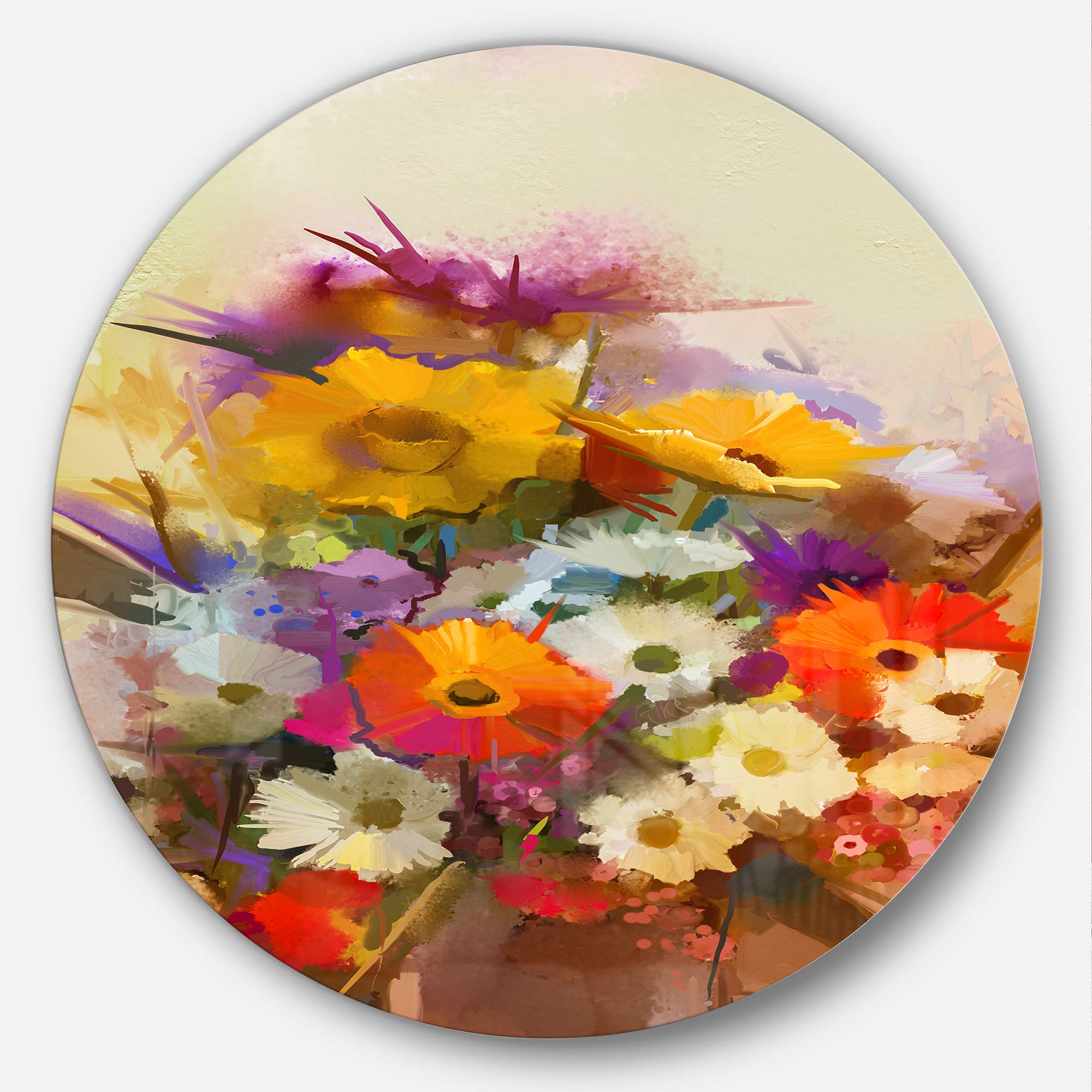 Photo 1 of ***FACTORY SEALED*PHX7**Hand-Painted Small Flowers Round Metal Wall Art – 23×23 Inch Glossy Yellow Floral Aluminum Print – Modern Botanical Artwork for Living Room, Bedroom, Dining Room, or Office Décor