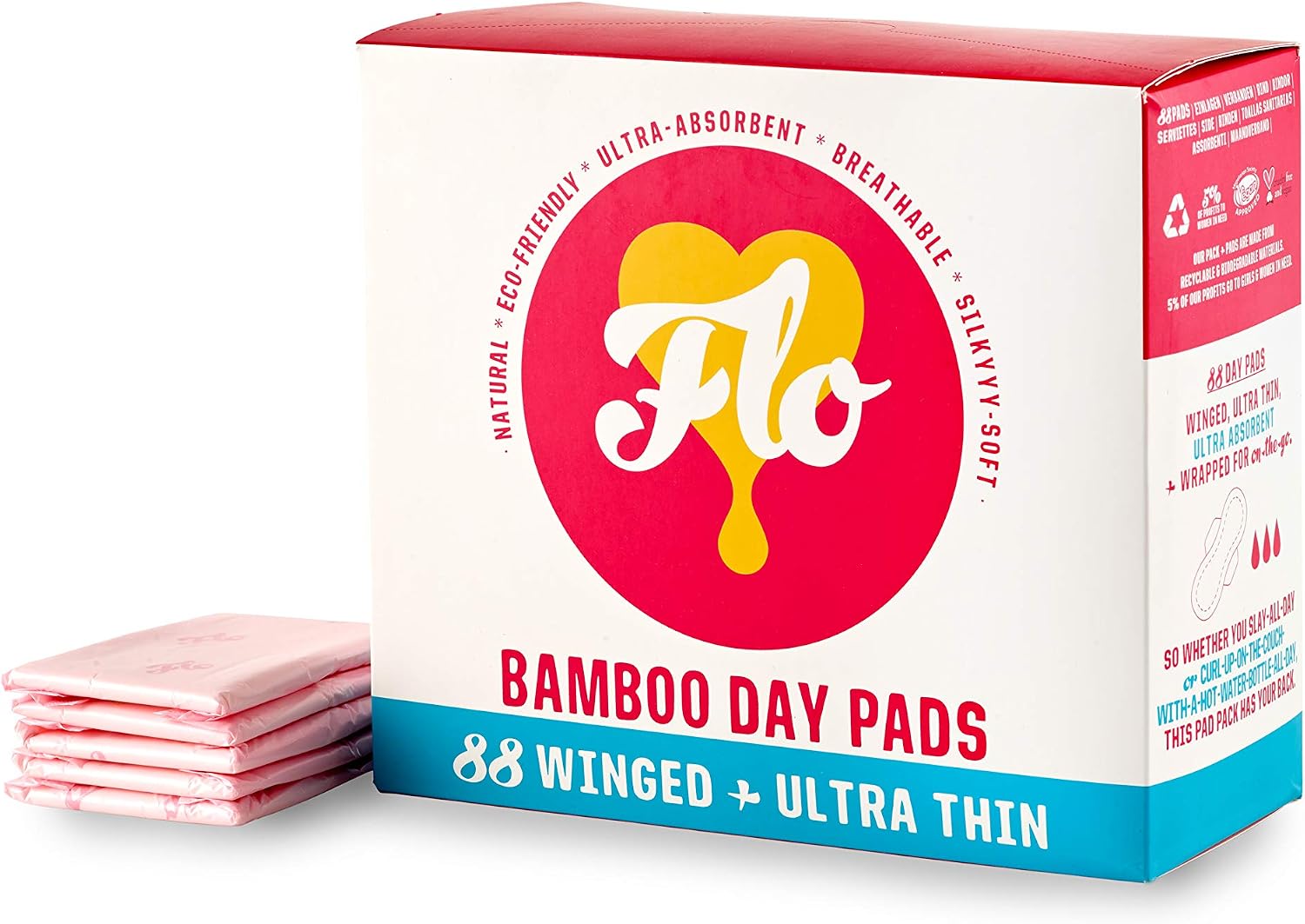 Flo, Day Menstrual Pads (88 Pack), Regular Flow, Leak Locking, Winged + Ultra-Thin, Natural, Absorbent, Soft, & Breathable - Image 4